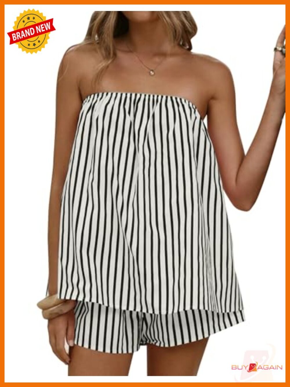 Striped Cotton Blend Lounge Set Strapless Tube Top Wide Leg Shorts Summer Beach